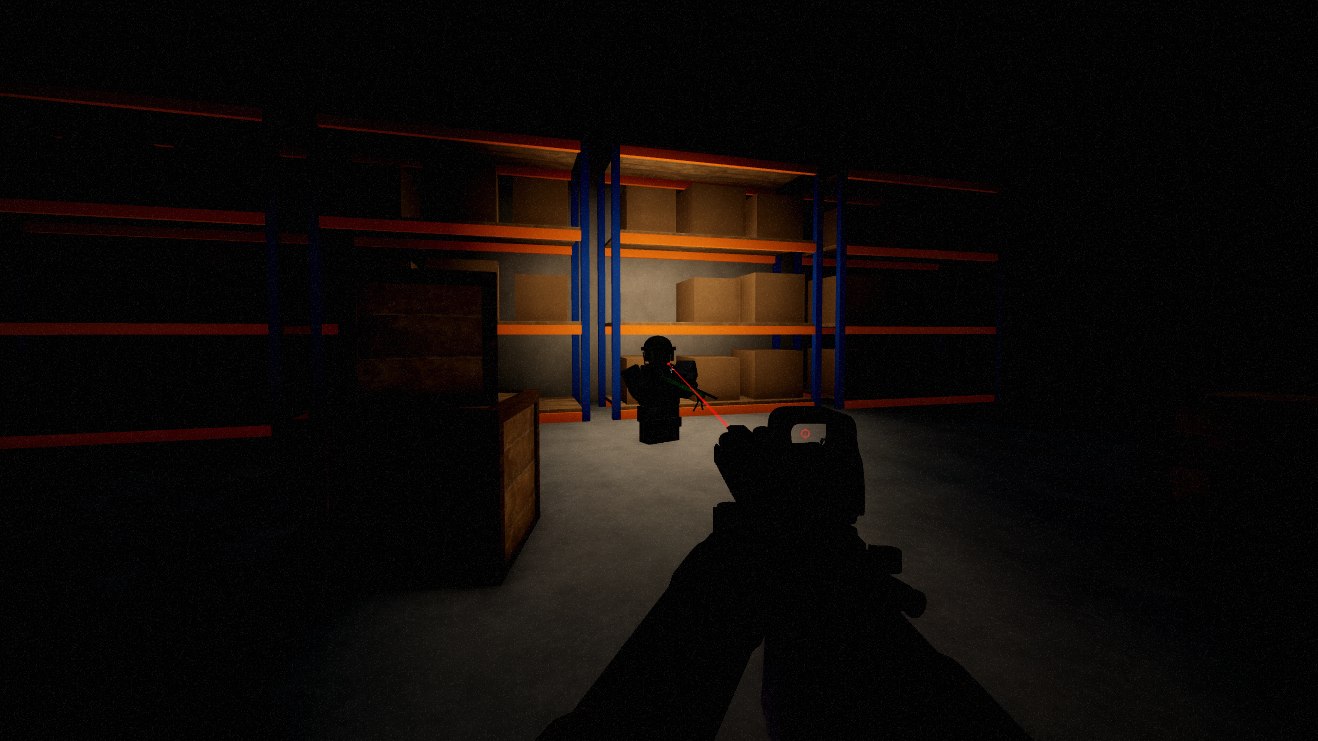 Dark warehouse lit only by a rifle's weapon light, laser on a target