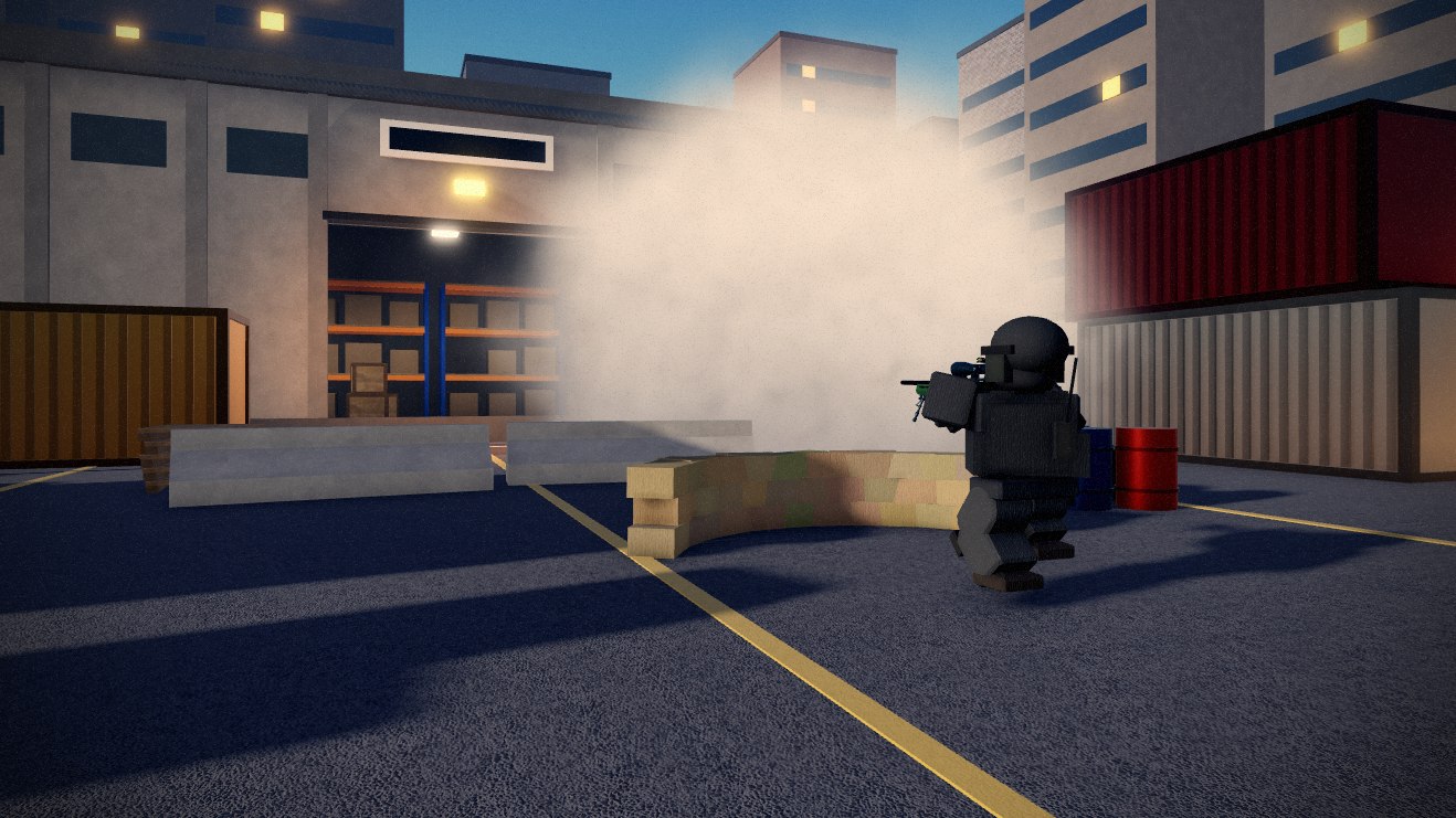 Smoke cloud rolling across a container yard, sniper crouched by sandbags
