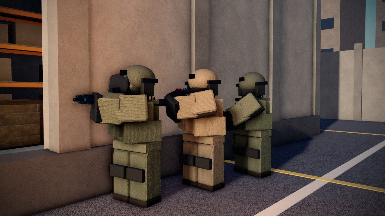 Three operators stacked on a warehouse door, rifles up