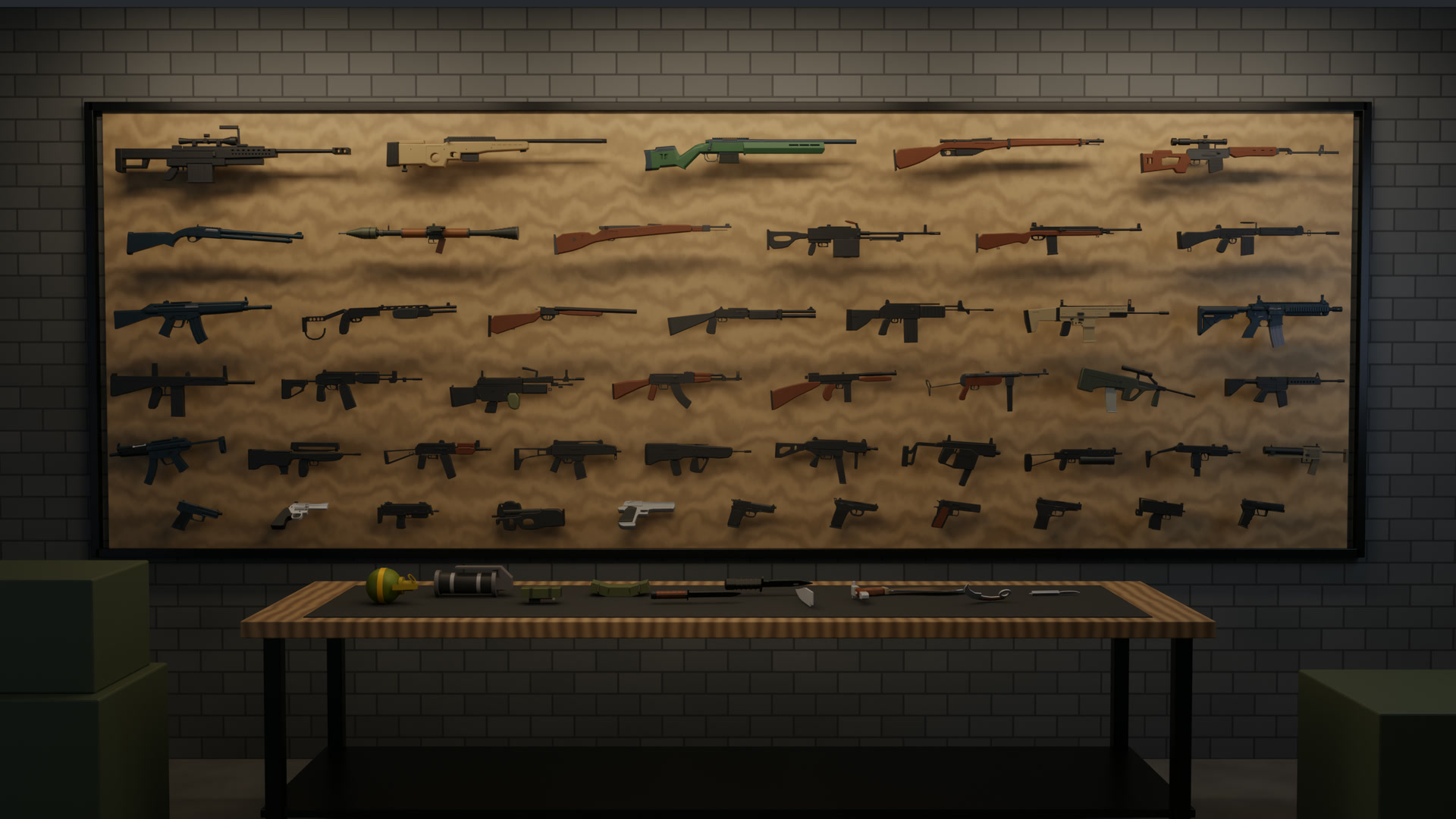 All 59 XSF weapons for Roblox Studio laid out on an armory wall