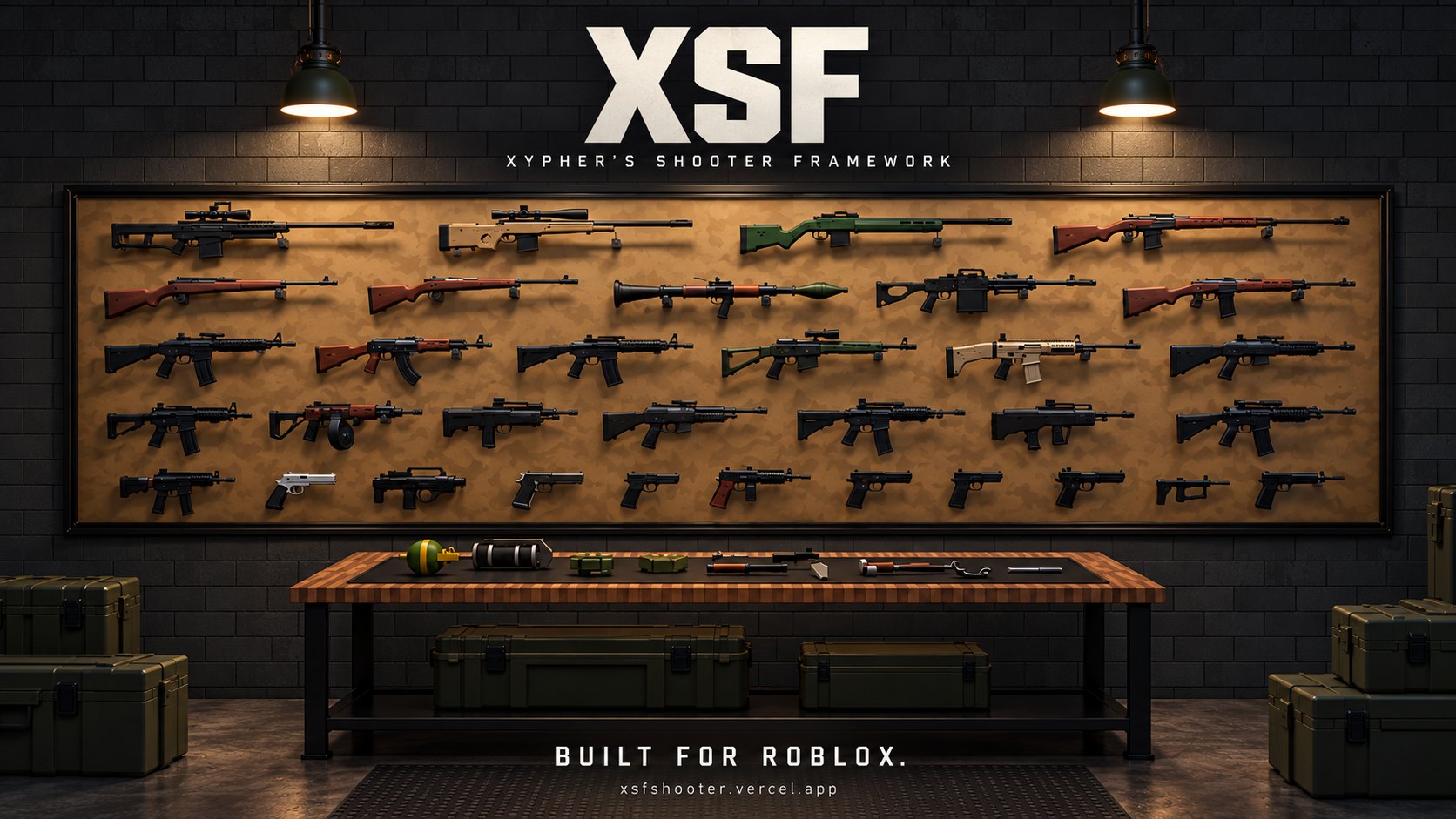 XSF 2.0 weapons on an armory wall above a workbench